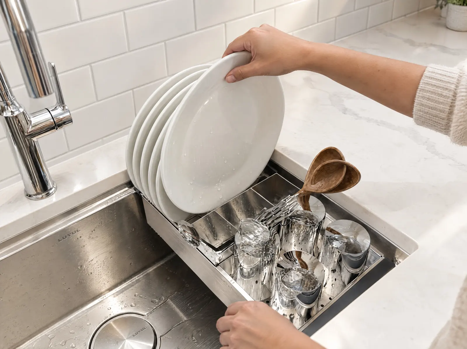 A plate lifted from the dish rack of the colander, glasses and cutlery drying beside it