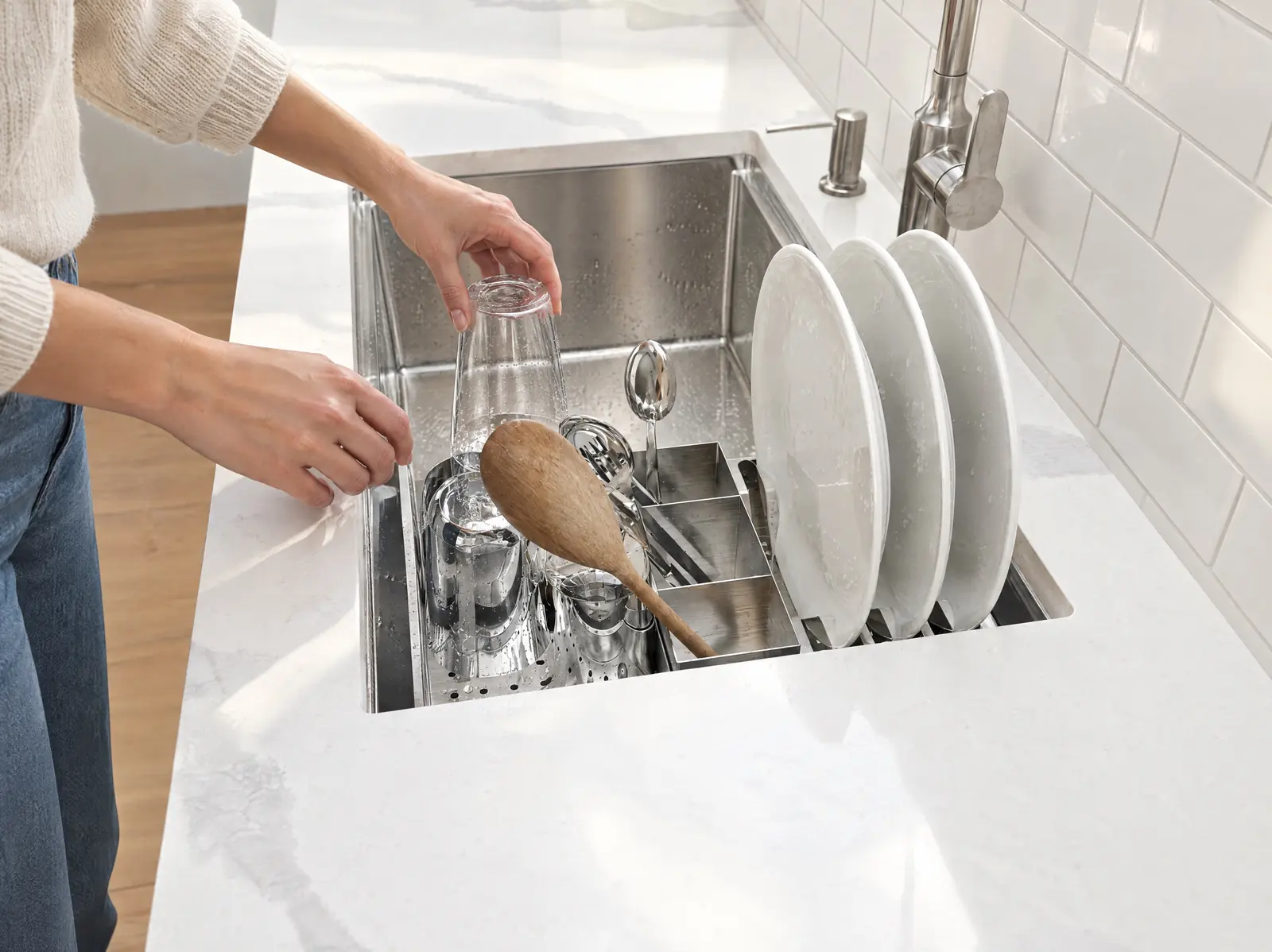 A glass set on the perforated glass rack, cutlery standing in the drainer