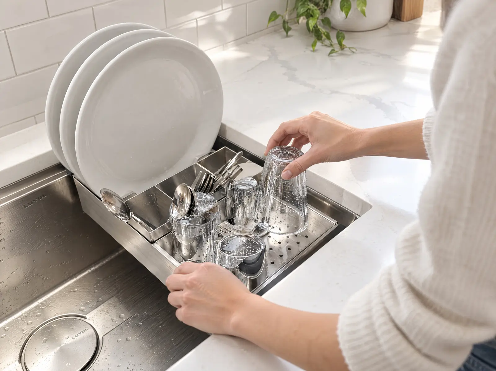 Plates in the dish rack, glasses on the glass rack and cutlery in the drainer, all in the one colander