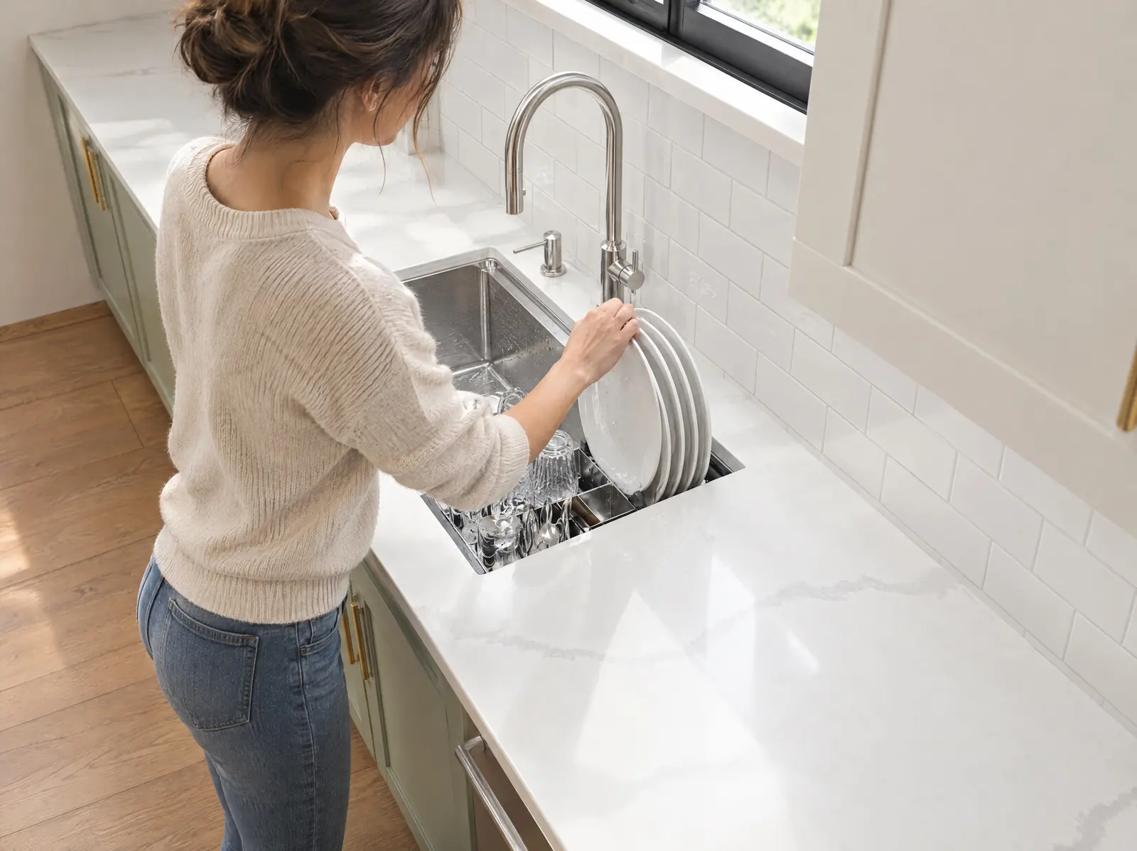 A woman loading plates into the colander on a workstation sink in a white kitchen