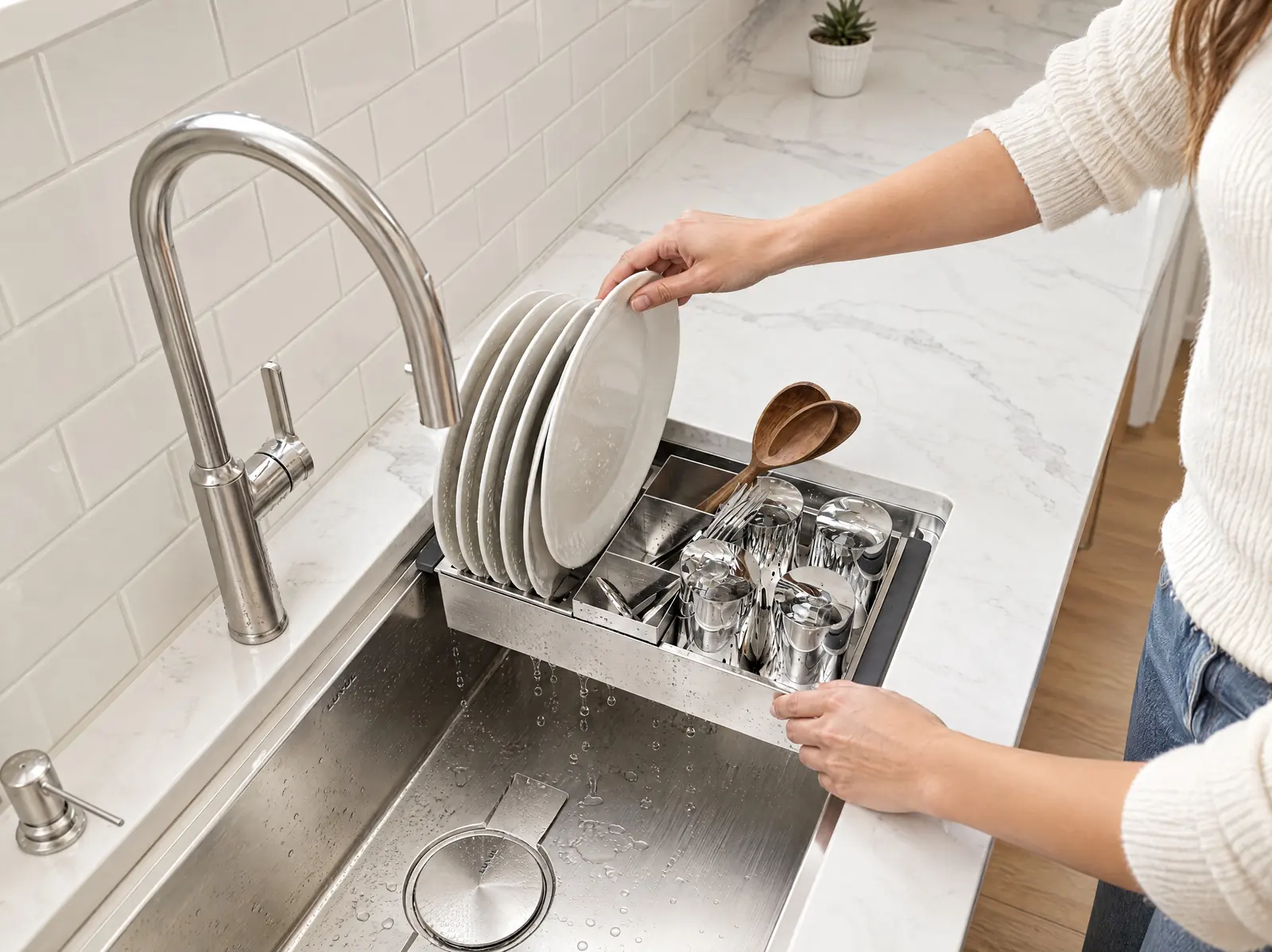 The colander resting on the workstation ledge across the sink bowl while a plate is set in the rack