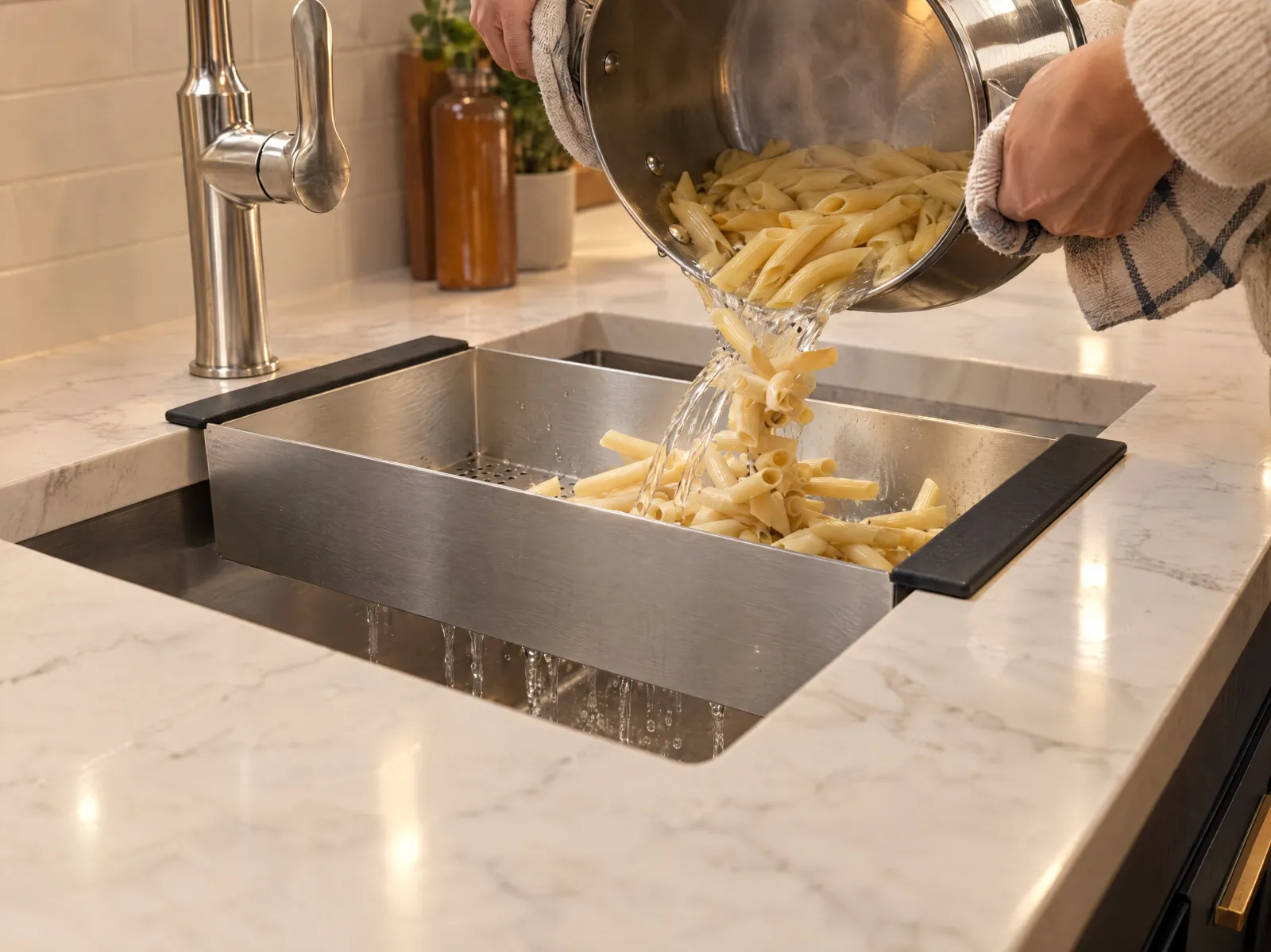 Colander resting on the sink ledge by its two handles while pasta is poured in