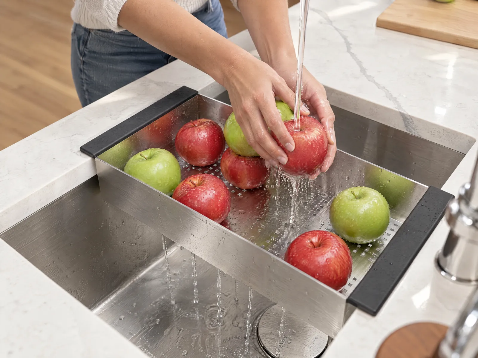 Hands rinsing apples in the colander under the faucet, water draining into the sink