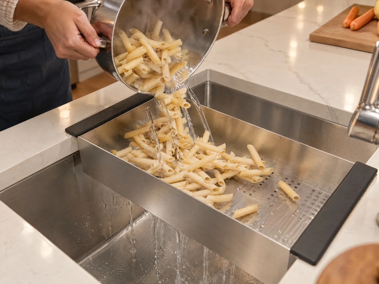 Pasta poured from a pot into the colander on the sink, water draining below