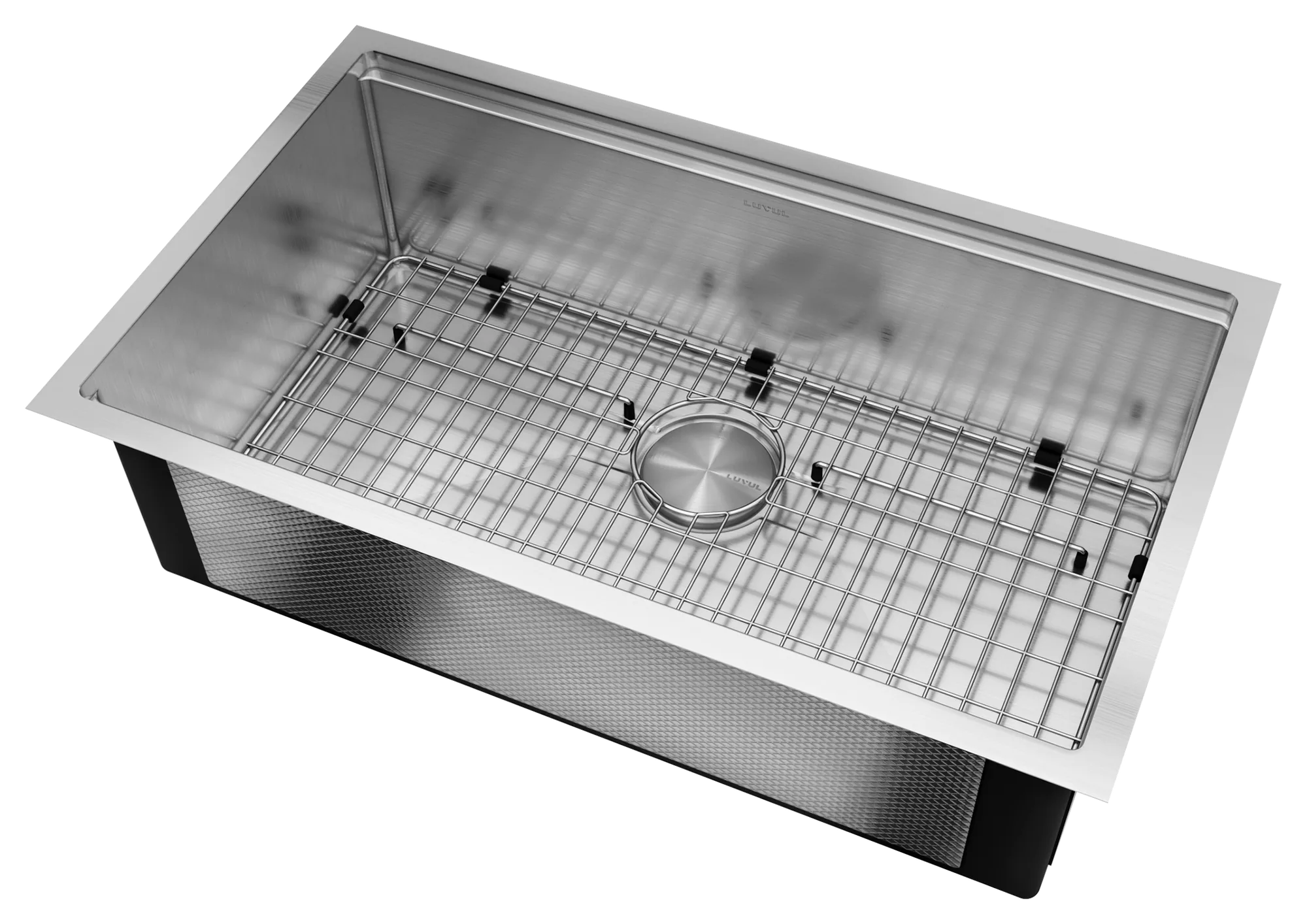Angled view of a LUVUL workstation sink with its stainless grid