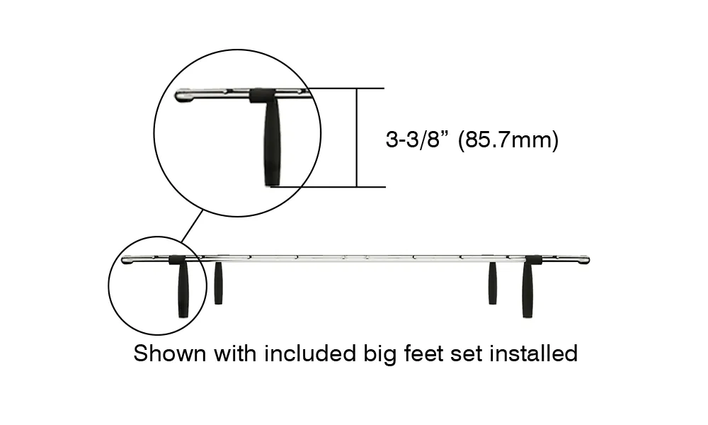 Diagram of the sink grid with the long feet installed, 3 3/8 inches (85.7 mm) tall